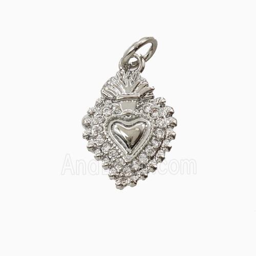 Copper Sacred Heart Pendant Pave Zirconia Platinum Plated