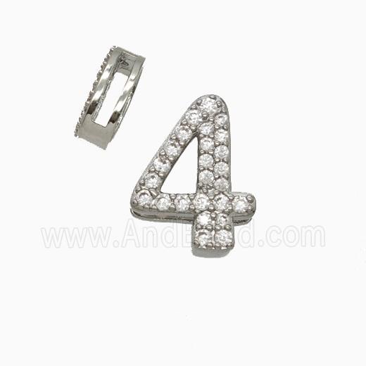 Copper Number-4 Beads Pave Zirconia Flat Hole Platinum Plated