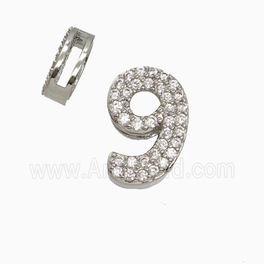 Copper Number-9 Beads Pave Zirconia Flat Hole Platinum Plated