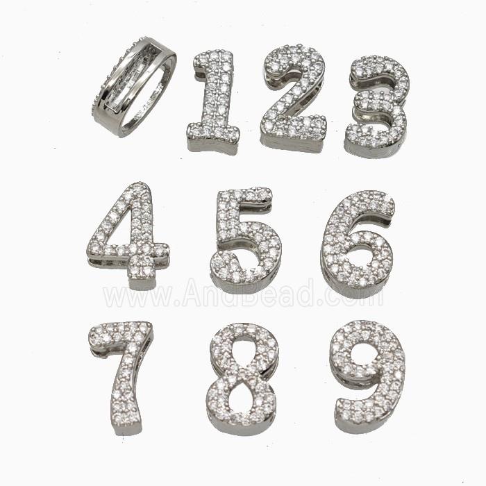 Copper Numbers Beads Pave Zirconia Flat Hole Platinum Plated Mixed