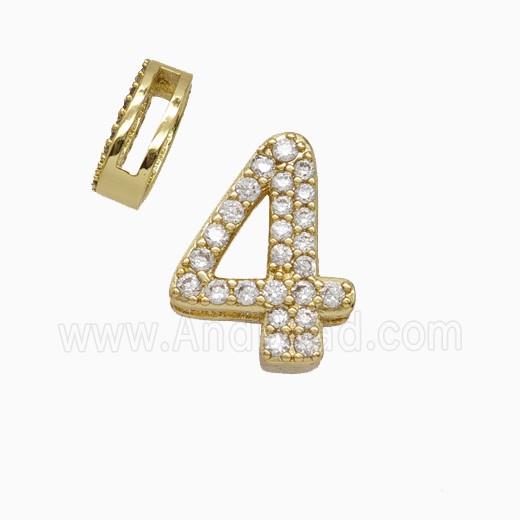 Copper Number-4 Beads Pave Zirconia Flat Hole Gold Plated