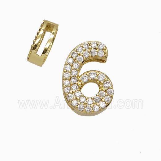 Copper Number-6 Beads Pave Zirconia Flat Hole Gold Plated