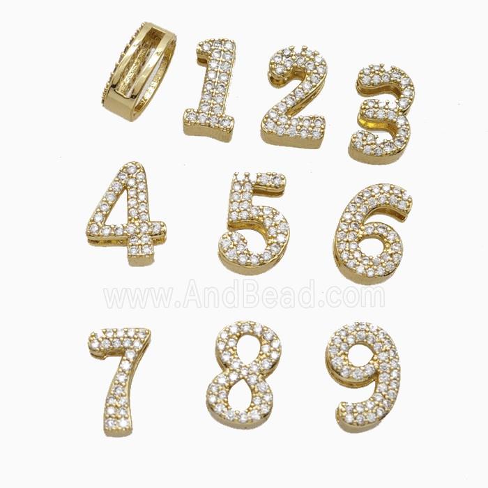 Copper Numbers Beads Pave Zirconia Flat Hole Gold Plated Mixed