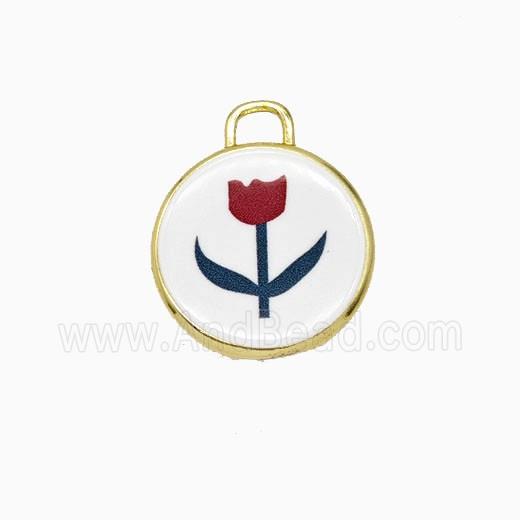 Copper Circle Pendant Painted Flower Gold Plated