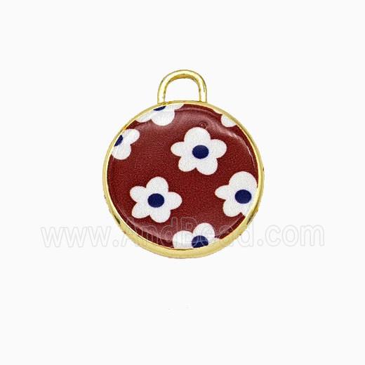 Copper Circle Pendant Painted Flower Gold Plated