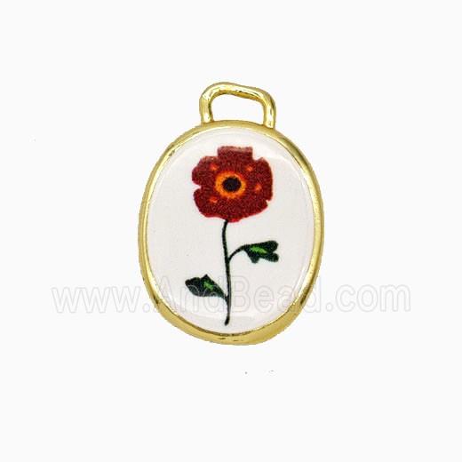 Copper Oval Pendant Painted Flower Gold Plated
