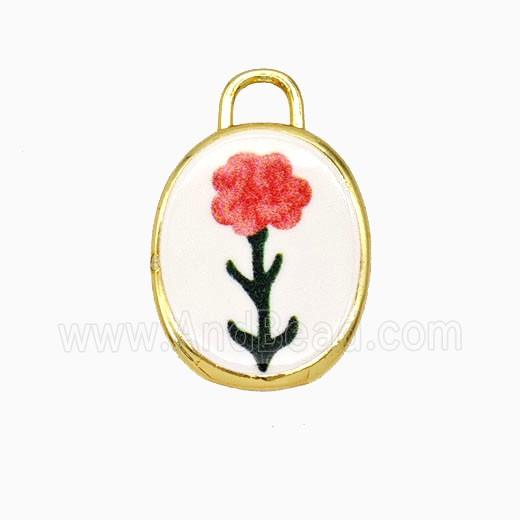 Copper Oval Pendant Painted Flower Gold Plated