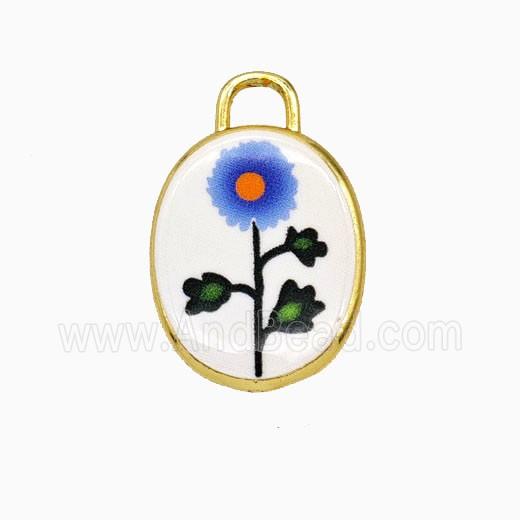 Copper Oval Pendant Painted Flower Gold Plated
