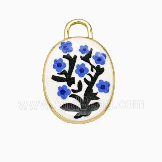 Copper Oval Pendant Painted Flower Gold Plated