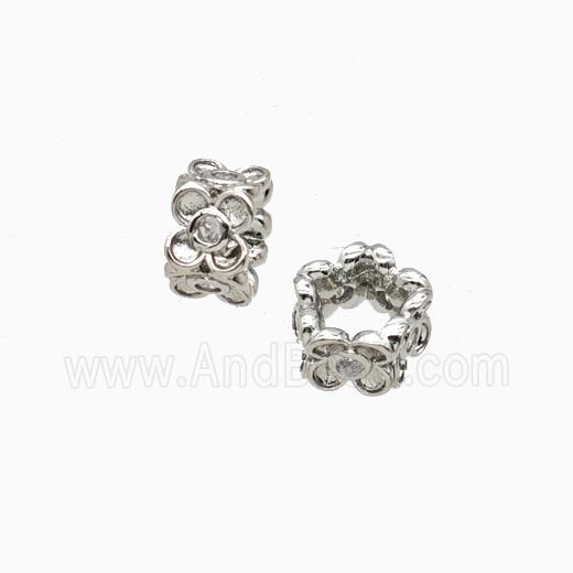 Copper Flower Beads Pave Zirconia Platinum Plated