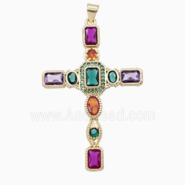 Copper Cross Pendant Pave Zirconia Multicolor Gold Plated