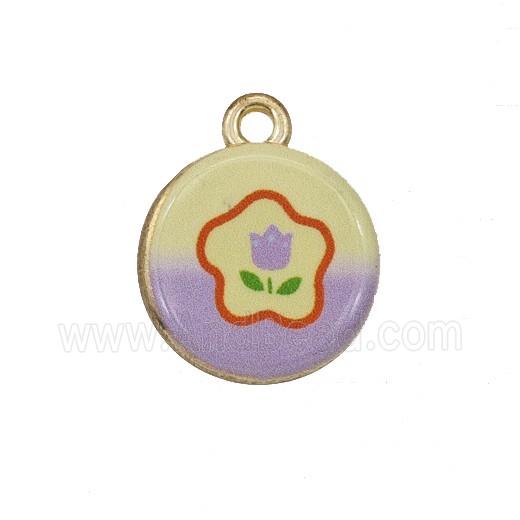 Alloy Coin Pendant Flower Painted Gold Plated