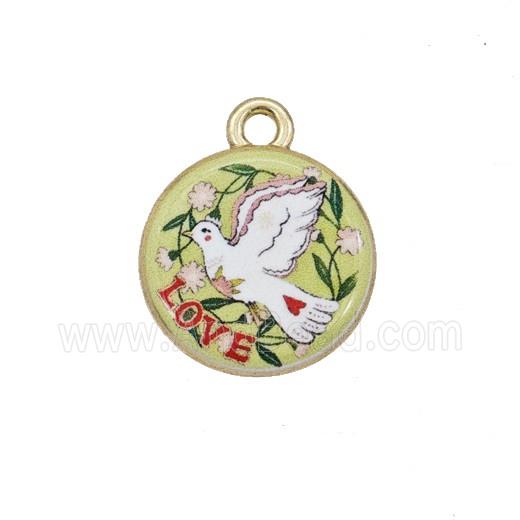 Alloy Coin Pendant Dove Birds Painted Gold Plated