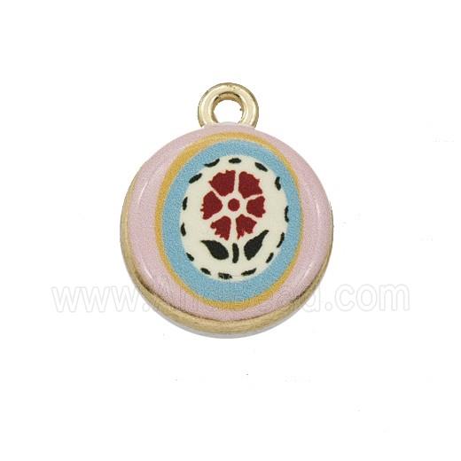 Alloy Coin Pendant Flower Painted Gold Plated