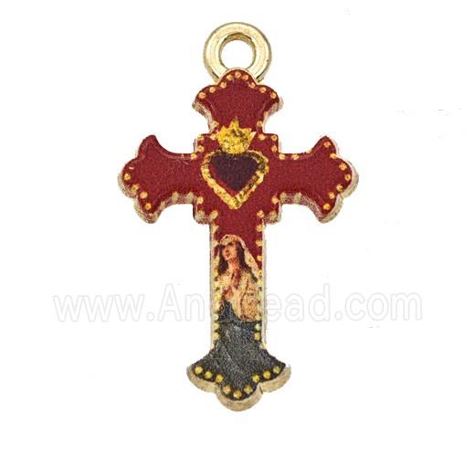 Alloy Cross Pendant Virgin Mary Painted Gold Plated