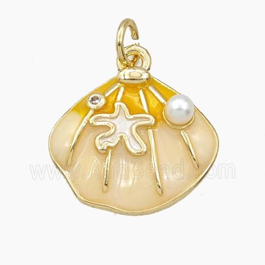 Copper Scallop Shell Pendant Pave Resin Cream Enamel Gold Plated
