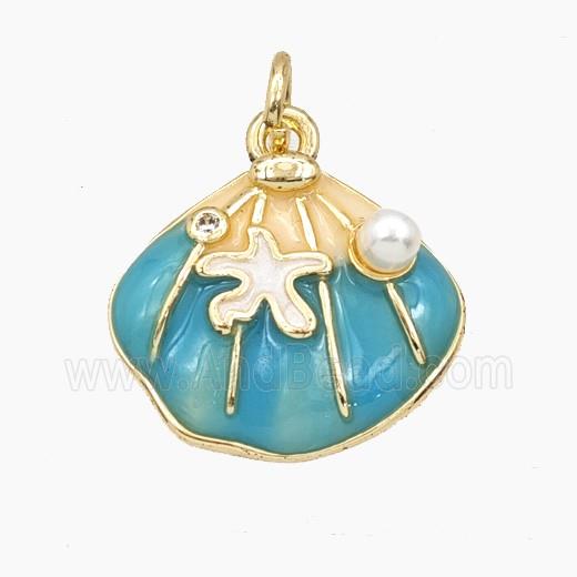 Copper Scallop Shell Pendant Pave Resin Teal Enamel Gold Plated