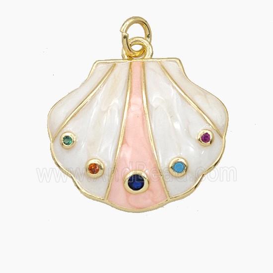 Copper Scallop Shell Pendant Pave Zirconia White Enamel Gold Plated