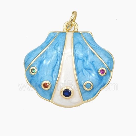 Copper Scallop Shell Pendant Pave Zirconia Blue Enamel Gold Plated