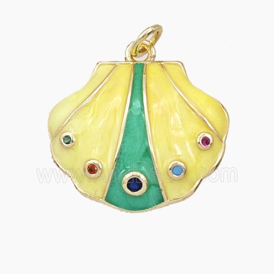 Copper Scallop Shell Pendant Pave Zirconia Yellow Enamel Gold Plated