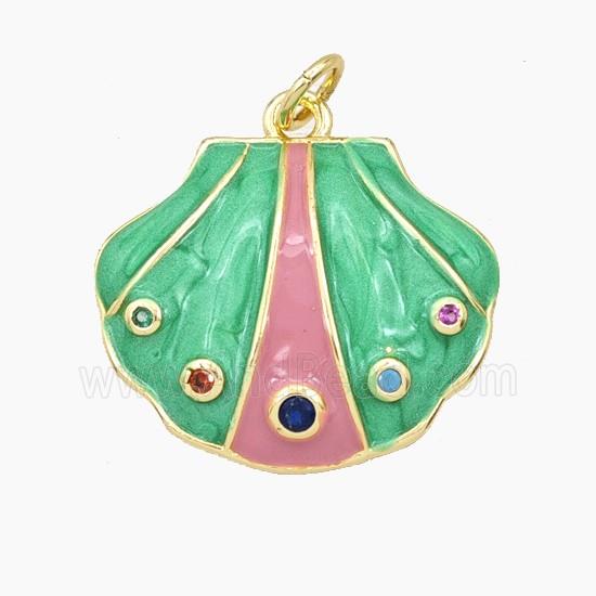 Copper Scallop Shell Pendant Pave Zirconia Green Enamel Gold Plated