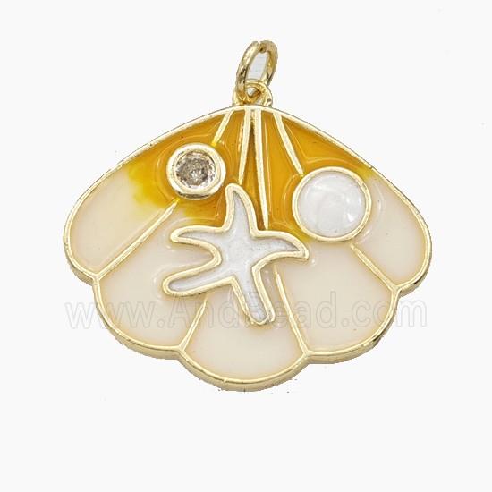Copper Scallop Shell Pendant Pave Zirconia Starfish White Enamel Gold Plated