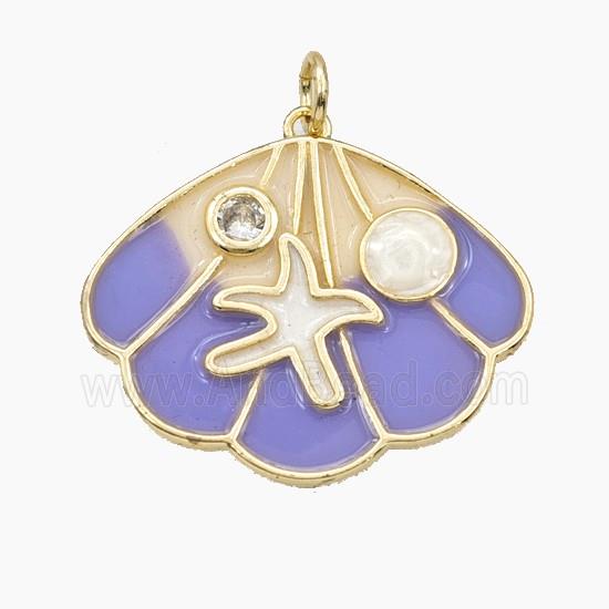 Copper Scallop Shell Pendant Pave Zirconia Starfish Lavender Enamel Gold Plated