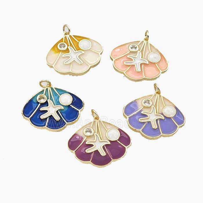 Copper Scallop Shell Pendant Pave Zirconia Starfish Enamel Gold Plated Mixed