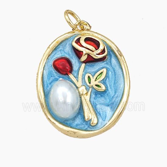 Copper Flower Pendant Pave Resin Enamel Oval Gold Plated