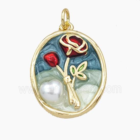 Copper Flower Pendant Pave Resin Enamel Oval Gold Plated