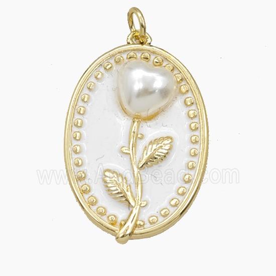 Copper Flower Pendant Pave Resin White Enamel Oval Gold Plated