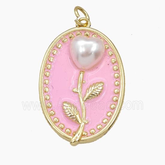 Copper Flower Pendant Pave Resin Pink Enamel Oval Gold Plated