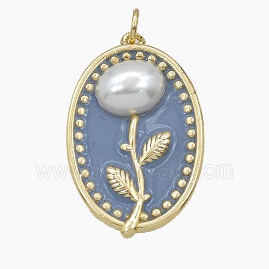 Copper Flower Pendant Pave Resin Gray Enamel Oval Gold Plated