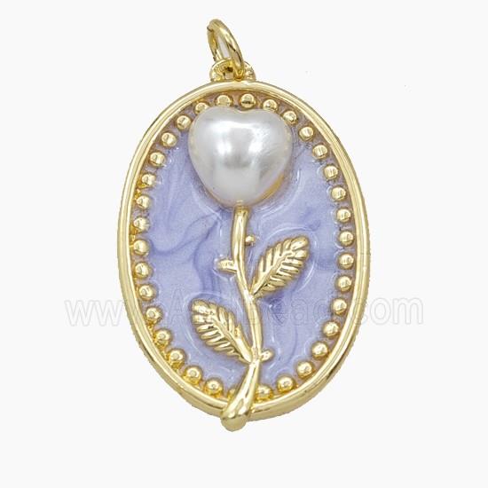 Copper Flower Pendant Pave Resin Lavender Enamel Oval Gold Plated