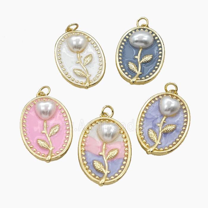 Copper Flower Pendant Pave Resin Enamel Oval Gold Plated Mixed