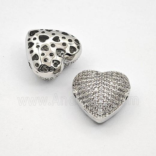 Copper Heart Beads Pave Zirconia Platinum Plated