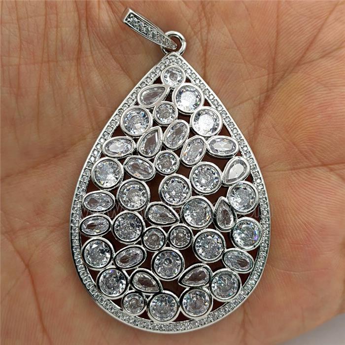 Copper Teardrop Pendant Micropave Zirconia Flat Platinum Plated