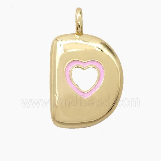 Copper Letter-D Pendant Pink Enamel Heart Gold Plated