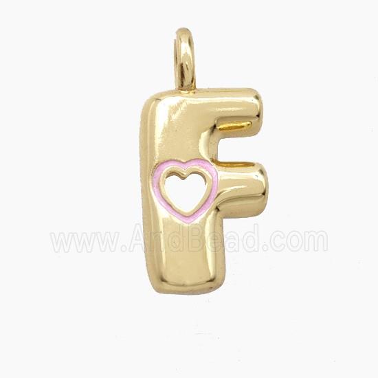 Copper Letter-F Pendant Pink Enamel Heart Gold Plated