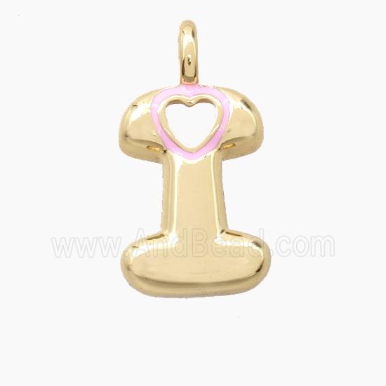 Copper Letter-I Pendant Pink Enamel Heart Gold Plated