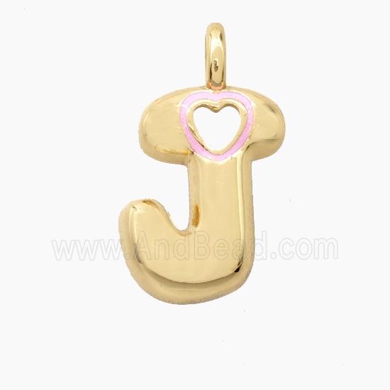 Copper Letter-J Pendant Pink Enamel Heart Gold Plated