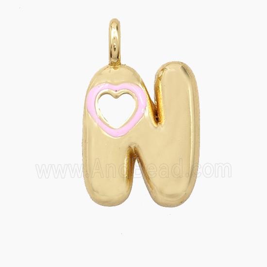 Copper Letter-N Pendant Pink Enamel Heart Gold Plated