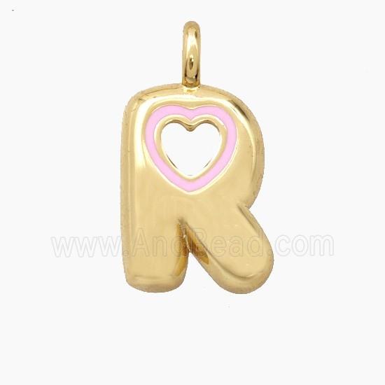 Copper Letter-R Pendant Pink Enamel Heart Gold Plated