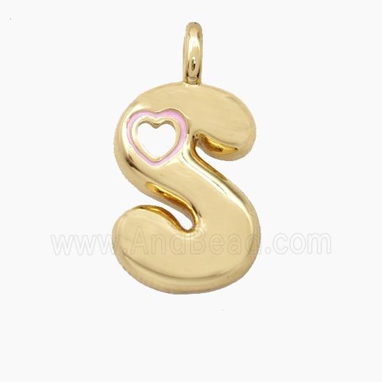 Copper Letter-S Pendant Pink Enamel Heart Gold Plated