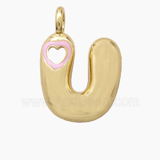 Copper Letter-U Pendant Pink Enamel Heart Gold Plated