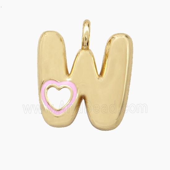 Copper Letter-W Pendant Pink Enamel Heart Gold Plated