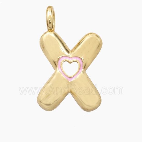 Copper Letter-X Pendant Pink Enamel Heart Gold Plated