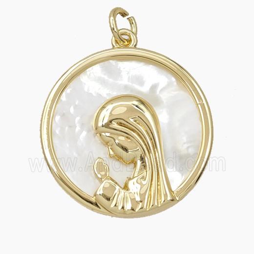 Copper Virgin Mary Pendant Pave Shell Gold Plated