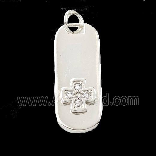 Copper Rectangle Cross Pendant Pave Zirconia Shiny Silver