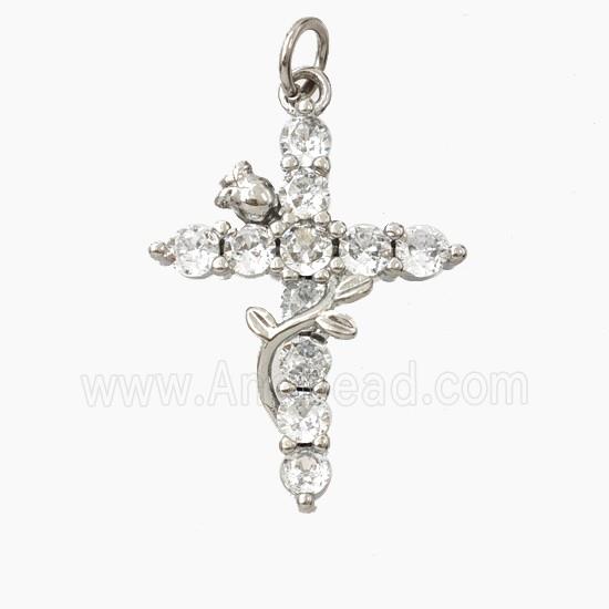 Copper Cross Pendant Pave Zirconia Flower Platinum Plated